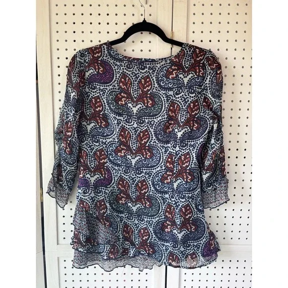 Pause Cafe V Neck 3/4 SLV Silk Blouse Floral Paisley Blue Brown Women's Small? - Picture 5 of 5